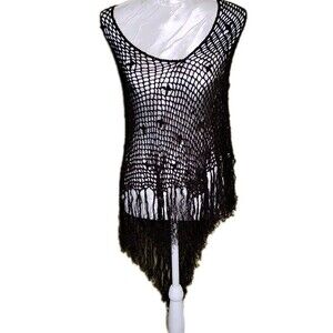 90s Y2K Black Fine Crochet Fringe Poncho Whimsigoth Witchy Women’s LG/XL Vampy